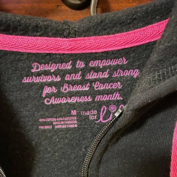 BREAST CANCER AWARENESS Women's Size Medium Black Track Jacket Hope Ribbon Pink - Picture 7 of 13